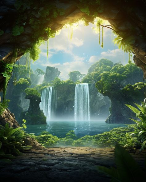 Magical Island Art, Jungle Scenery Landscapes, Fantasy Nature Landscape, Tropical Fantasy Art, Jungle Concept Art, Fantasy Islands, Jungle Kingdom, Fantasy Jungle, Magic Jungle