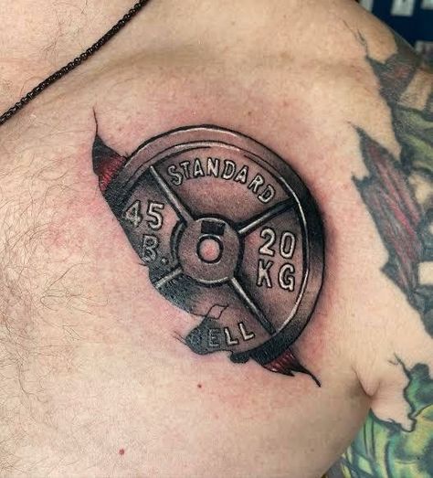 Weight Plate Tattoo, Barbell Tattoos, Dumbell Tattoo, Weight Lifting Tattoos, Powerlifting Tattoo, Lifting Tattoos, Weightlifting Tattoo, Gym Tattoo Ideas, Dumbbell Tattoo