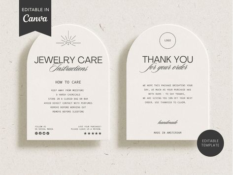 Editable Jewelry Care Card Template With Business Thank You Card, Printable Jewellery Care Card Insert, Minimalist Care Card, Add Your Logo - Etsy #logo #streetwear #love🍩 Thank You Cards Jewelry Business, Packaging Insert Card, Jewelry Business Vision Board, Jewelry Cards Design, Thank You Card Jewellery Business, Jewellery Thank You Card, Jewelry Care Card Template, Jewelry Card Design Packaging Ideas, Jewelry Business Cards Ideas