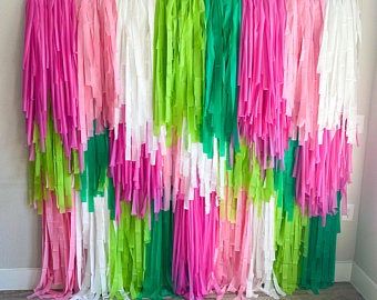 Green And Pink Backdrop, Green Fringe Backdrop, Fringe Wall Backdrop, Diy Streamer Backdrop, Diy Fringe Backdrop, Tassel Backdrop, Tablecloth Backdrop, Streamer Wall, Diy Streamers