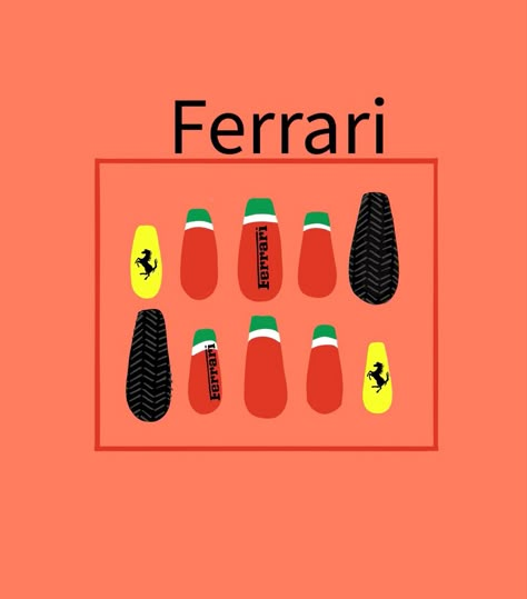 Ferrari F1 Nail Art, Ferrari Nail Design, Ferrari Nails F1, Ferrari Nail Art, F1 Nails Designs Ferrari, Italian Nails Designs Italy, Porsche Nails, F1 Nails Designs, F1 Inspired Nails