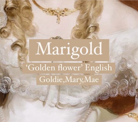 Pretty baby girl name Marigold. Princess flower name. Goldie Name, Marigold Name, Mary Name, Fancy Names, Magic Names, Oc Names, English Names, Fantasy Character Names, Female Character Names