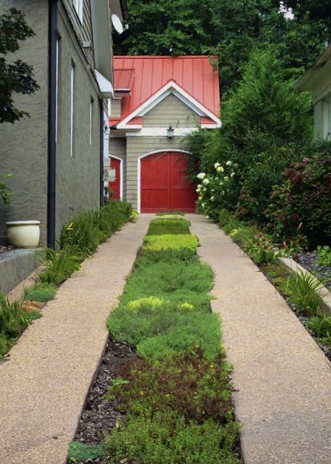 Driveway Strip Landscaping, Eco Friendly Driveway, Planted Driveway, Driveway Extension Ideas, Driveway Strip, Ribbon Driveway, Driveway Planting, Poland House, Front Garden Design Ideas