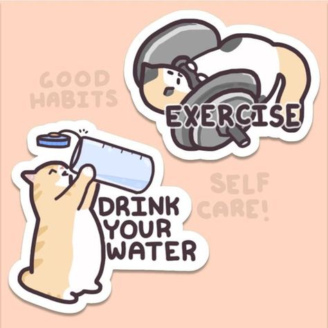 Self Care Cat Stickers - Drink Water Cat Sticker and Exercise Cat | Cute Water-Bottle S #StickerCraft Drink Water Sticker, Panda Illustration, Water Poster, Buy Stickers, Cat Drawings, Cute Water Bottles, Unicorn Stickers, Cat Drinking, Creative Gardening