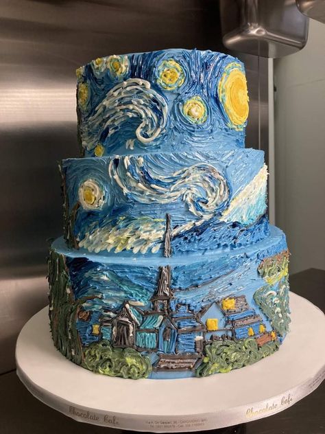 Gogh Cake, فنسنت فان جوخ, Topsy Turvy Cake, Starry Night Wedding, Wedding Cake Tops, Tiered Cake, The Starry Night, Painted Cakes, Pretty Birthday Cakes