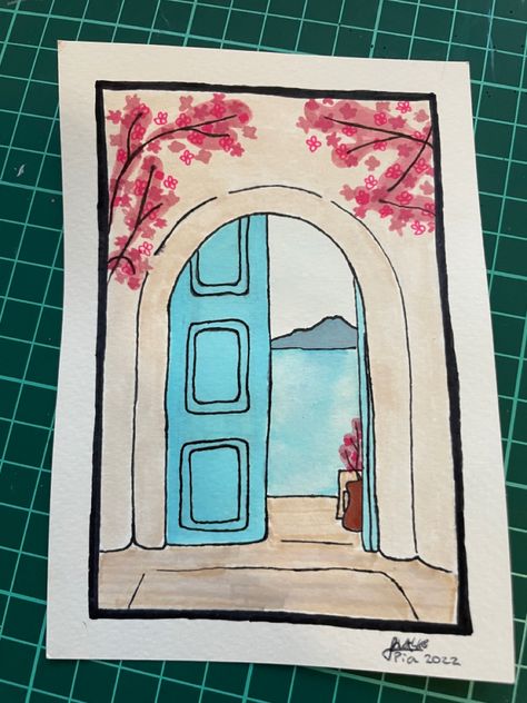 A wall with a blue half open door overlooking the ocean, with cherry blossom over the door. Mama Mia Canvas Painting, Mamma Mia Watercolor, Mamma Mia Painting Easy, Mamma Mia Canvas Painting, Mamma Mia Drawing Easy, Mama Mia Painting Ideas, Mama Mia Drawing, Mamma Mia Crafts, Mamma Mia Painting Ideas