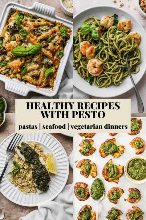 Pinterest graphic for a healthy pesto recipe roundup. Pesto Dishes Dinners Healthy, High Protein Pesto Recipe, Pesto Recipes Dinner Vegetarian, Healthy Pesto Meals, Pesto Dinner Recipes Healthy, Pesto Recipes Lunch, Recipes Using Pesto Healthy, Healthy Pesto Recipe Meals, Pesto Dishes Healthy