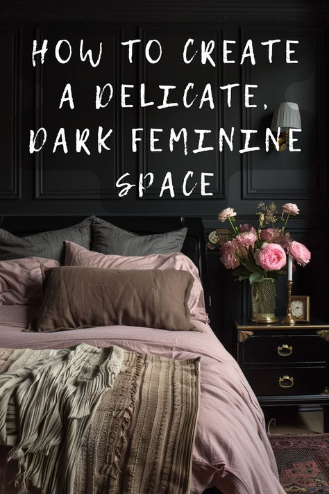 Ready to unveil the elegance of dark feminine decor in your bedroom? Explore how to mix deep colors with feminine touches for a sophisticated retreat. Click for inspirational decor ideas! 🛏️💜 #SophisticatedStyle #FeminineChic #BedroomRetreat #DarkDecor #ElegantBedroom Black Bedrooms Elegant, Dream Rooms Vintage, Bedroom Moody Dark, Dark Colorful Bedroom, Moody Scandinavian Bedroom, Bedroom Inspirations Feminine, Mood Room, Black Bedroom With Accent Wall, Forestcore Bedroom Aesthetic