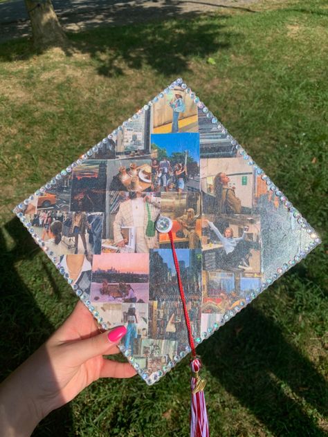 Grad Cap Ideas Picture Collage, Graduation Cap Pictures Collage, Cute Grad Cap Ideas High Schools, Grad Cap Picture Collage, Grad Cap With Pictures, Collage Grad Caps, Graduation Cap Designs With Pictures, Grad Cap Inspo Aesthetic, Scrapbook Grad Cap