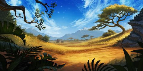 SMITE - Savannah Background by Nate RoseHere's an environment background for SMITE. I drew a lot of inspiration from classic 2D animations like the Lion King for this one and learned a lot! Environment Background, Savannah Art, Environment Painting, Sports Merchandise, Background Drawing, Scene Art, Fantasy Places, Landscape Drawings, Fantasy Art Landscapes