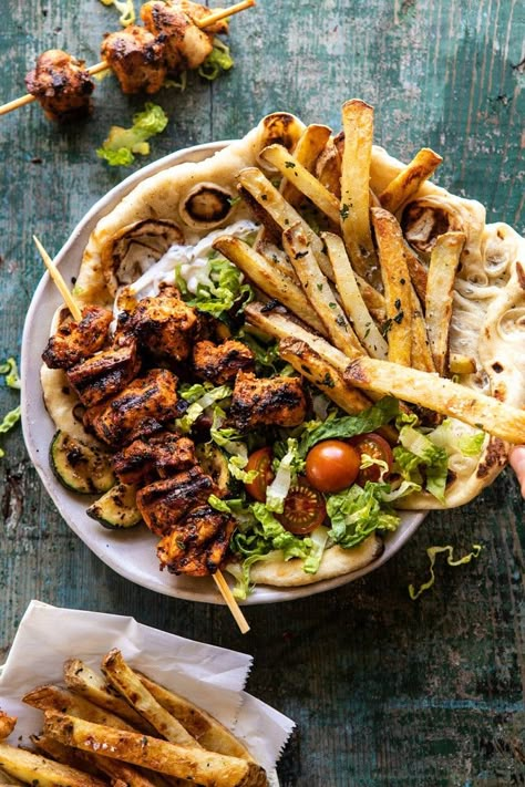 Late Summer Dinner Ideas, Chicken Souvlaki Recipe, Half Baked Harvest Recipes, Chicken Souvlaki, Harvest Recipes, Garlic Fries, Dinner Bell, Half Baked, Half Baked Harvest