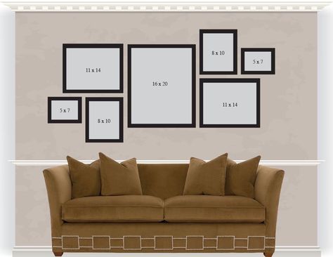 Gallery Wall Trends 2023, Gallery Wall Layout With Sizes, Gallery Wall Layout Living Room, Gallery Wall Behind Couch, Stylish Sofa Set, Wall Behind Couch, Family Photo Gallery Wall, Bedroom Gallery Wall, Gallery Wall Template