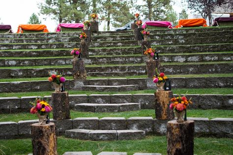 Outside amphitheater decor Amphitheater Wedding Ceremony, Outdoor Amphitheater Wedding, Amphitheater Wedding Decorations, Ampitheater Wedding Ceremony, Ampitheater Wedding, Amphitheater Wedding, Garden Hardscape, Rustic Chic Wedding Decor, Sloped Backyard