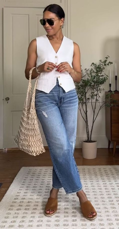 Pale Blue Top Outfit, Chic Spring Outfits 2024, Vest Outfits Midsize, White Jean Vest Outfit, Midsize Casual Summer Outfits, Classy Mom Outfits, Layered Summer Outfits, Casual Day Outfits, Classy Fashion