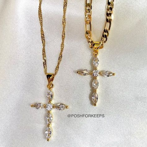 18K GOLD CRYSTAL CROSS NECKLACE – PoshForKeeps Pretty Gold Cross Necklace, Matching Cross Necklaces, Crystal Cross Necklace, Cross Necklace Aesthetic, Cross Necklace Womens, Cross Gold Necklace, Gold Cross Necklace For Women, Heart Initial Necklace, Customized Necklace