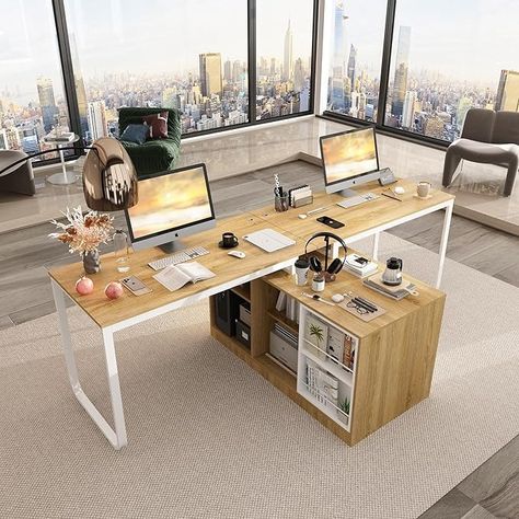 Amazon.com: Homsee Home Office Computer Desk T-Shaped Corner Desks with File Cabinet for 2 Persons, 94.5" Large Wooden Study Writing Table with 2 Desktops, Wire Organizer Holes, 6 Shelves & 2 Magazine Holders : Home & Kitchen T Shaped Office Desk, Open Office Layout, Desk For Two, Two Person Desk, Dual Occupancy, L Shaped Corner Desk, File Cabinet Desk, Collaborative Workspace, Home Office Computer Desk