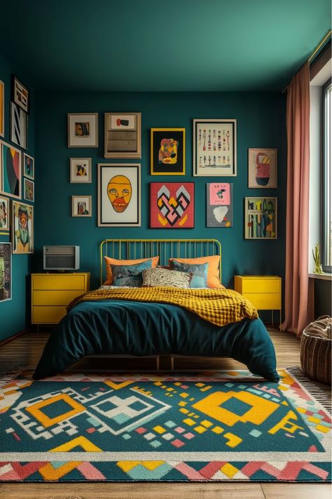 Mixing patterns in complementary colors can make your summer bedroom pop with personality. Geometric designs and abstract prints work beautifully together to create a cohesive, lively look. I love how this adds visual interest without feeling overwhelming. Would you try experimenting with patterns in your room? Color Theory Bedroom, Bold Colorful Bedroom, Colorful Room Painting Ideas, Colourful Bedroom Aesthetic, Tiki Bedroom, Beachy Teen Bedroom, Colourful Bedroom Ideas, Colorful Bedroom Aesthetic, Feeling Overwhelming