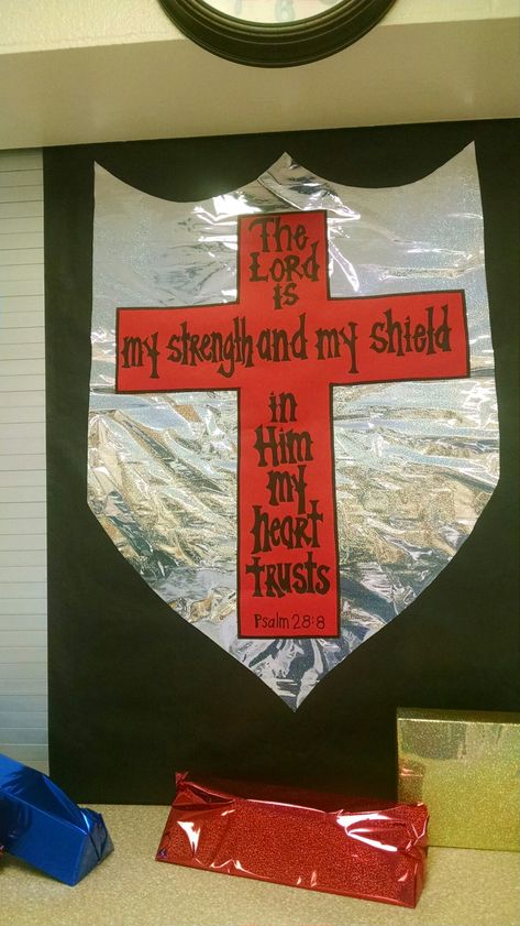 Vbs Decorating Ideas Armor Of God, Royal Court Sunday School Decor, Armor Of God Vbs Decorations Diy, Knights Decorations, Bible Boot Camp Vbs Armor Of God, Narnia Classroom, Medieval Classroom, Vbs Knights Of North Castle Decorations, God 2024