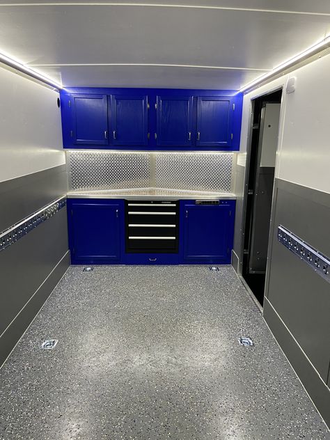 Inclosed Trailer Diy, Racing Trailer Organization, Race Trailer Organization, Race Trailer Ideas, Race Trailer Interior, Enclosed Trailer Storage Ideas, Enclosed Trailer, Racing Trailer Ideas, Enclosed Trailer Flooring Ideas