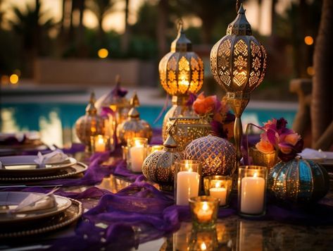 Arabian Nights Photo Booth, Arabian Nights Homecoming Theme, Moroccan Themed Party, Maroccan Diner Table, Arabic Party Decoration, Arabian Nights Centerpieces, Arabian Nights Prom Theme, Aladdin Themed Wedding, Arabian Bedroom