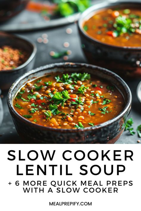 Vibrant slow cooker lentil soup garnished with fresh herbs, illustrating a nutritious option for Quick Meal Preps You Can Make with a Slow Cooker. Quick Slow Cooker Meals, Slow Cooker Meal Prep, Slow Cooker Apple Crisp, Slow Cooker Lentil Soup, Slow Cooker Chili Beef, Slow Cooker Oatmeal, Slow Cooker Teriyaki Chicken, Slow Cooker Sweet Potatoes, Slow Cooker Lentils