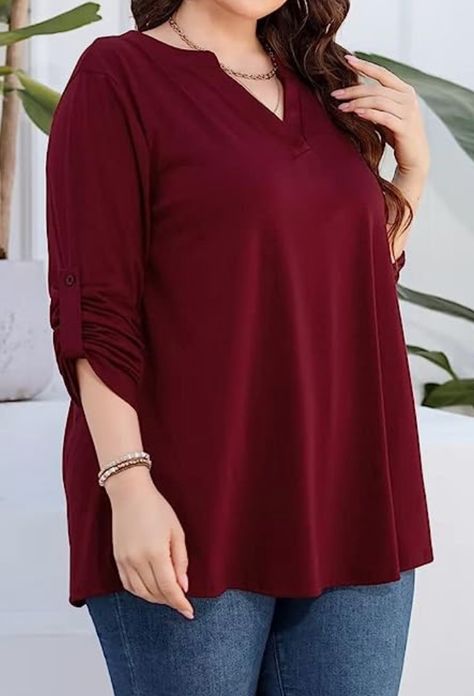 Casual Red V-neck Peasant Top, Flowy Tunic, Plus Size Tops, Sleeve Top, V Neck T Shirt, Shirt Blouses, V Neck, Plus Size