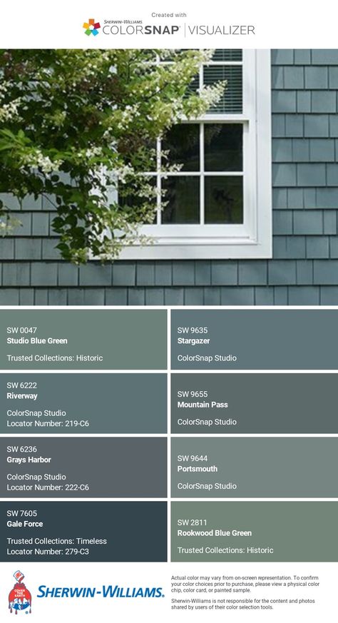 I just created this color palette with the Sherwin-Williams ColorSnap® Visualizer app on my Android phone. What do you think? You can learn more about ColorSnap Visualizer and get it on your phone free by visiting https://www.sherwin-williams.com/content/colorsnap.html. 2025 House Exterior Trends, Blue And Green House Exterior, Blue Green Exterior Paint Colors, Blue Green House Exterior, Blue Green Exterior House Colors, Neutral Exterior House Colors, Bungalow Exterior Makeover, Ranch House Exterior Colors, House Exterior Colors Blue