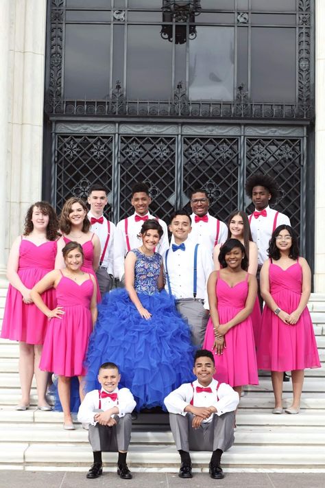 Quinceanera Court of Honor royal blue, fuschia, and silver Royal Blue Quinceanera Court, Blue Quince Court, Quincenera Dresses Blue, Quince Court Dresses, Short Dama Dresses, Quinceanera Court Dresses, Quinceanera Court Pictures, Quince Court Outfits, Butterfly Quince Dress