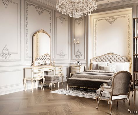 Master Bedroom Design on Behance Neo Classic Bedroom Design Luxury, Semi Classic Bedroom, Master Room Decor Ideas, Classic Bedroom Design Luxury, Neo Classical Bedroom, New Classic Bedroom, Classical Bedroom, Bedroom Mansion, Royal Bedroom Design