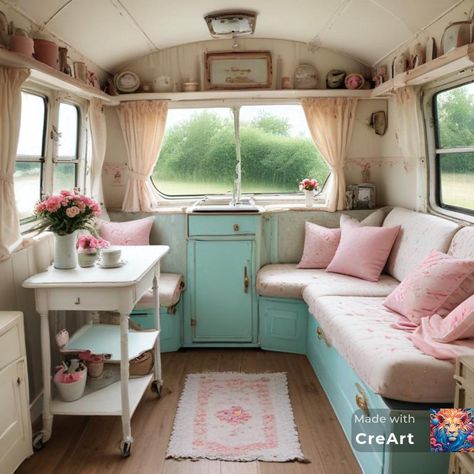 Shabby Chic Camper Interior, Retro Camper Interior Ideas, Scottie Camper, Retro Caravan Interiors, Painted Camper, Dream Roadtrip, Shabby Chic Caravan, Shabby Chic Campers, Glamping Trailer