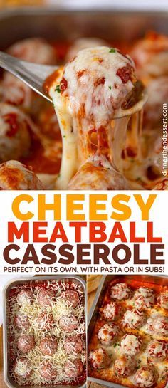 Cheesy Meatball Casserole with homemade meatballs and covered with melted mozzarella cheese. Perfect on its own, with noodles or in subs! #meatballs #casserole #meatballcasserole #dinner #kidfriendly #weeknightmeal #dinnerthendessert Sides To Go With Meatball Subs, Cheesy Meatball Casserole, Meatballs Casserole, Meatball Casserole Recipe, Beef Casseroles, Man Recipes, Cheesy Meatballs, Cheese Stuffed Meatballs, Meatball Casserole