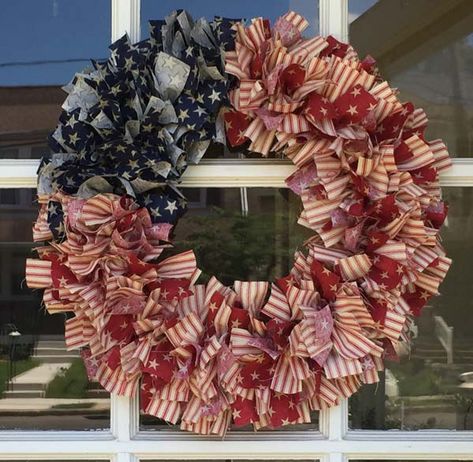 Patriotic Farmhouse Rag Wreath | Needlepointers.com Fouth Of July Crafts, Rag Wreath Tutorial, Americana Crafts, 4th July Crafts, Fall Arts And Crafts, Wire Wreath Frame, Friend Crafts, Fabric Wreath, Fourth Of July Decor