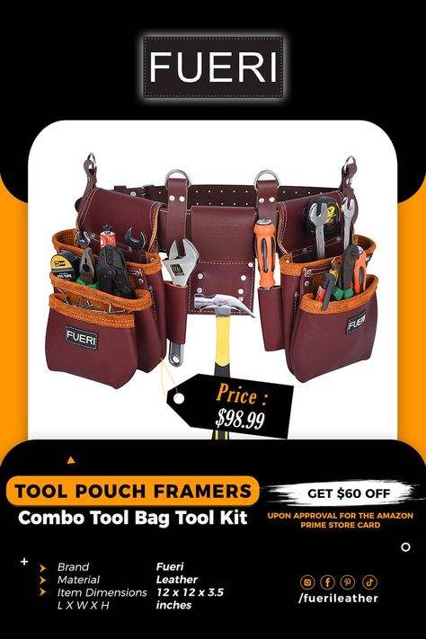 Determined for perfection in practicality and longevity, this FUERI framers back bag Tool storage belt with 17 pocket tool pouches, and created one of the toughest tool kit pouches yet. 😍 To do so, we blended the strongest Professional grade heavy duty Leather & riveted reinforcement, rig belt, meaning you can enjoy years of wear and tear protection from sharp fixings in your daily work tasks. 💥 Shop Now: https://amzn.to/3BfCmHb #leather_pouch #amazon #sales #carpentry_pouch Amazon Sales, Tool Pouches, Pocket Tool, Tool Pouch, Utility Belt, Tool Belt, Back Bag, Branding Materials, Tool Holder