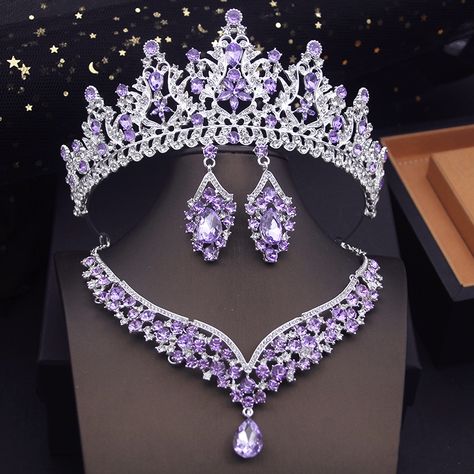 Fashion Purple Colors Bridal Jewelry Sets With Tiaras Princess Wedding Crown Necklace Earrings Set Crystal Wedding Tiaras, Fashion Purple, Tiaras Jewellery, Crown Pendant, Crystal Bridal Tiaras, Beautiful Tiaras, Princess Jewelry, Crown Necklace, Magical Jewelry