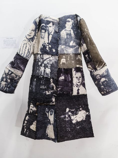 Textile art. Artist - Laura Dzērve. "Family coat".  Materials - wool and silk. Technics - silk screen printing and felting. Screen Print Photography, Textile Screen Printing, Photo Emulsion Screen Printing, Screen Printing Designs Textiles, Identity Textiles, Photo Synthesis, Machine Felting, Screen Printing Artist, Nostalgia Fashion