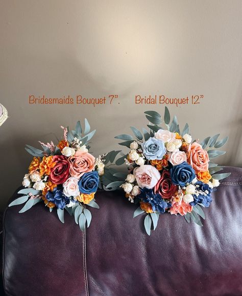 Wedding Bouquet With Navy Blue and Rust Orange Flowers, Bridesmaids Bouquets, Rust Orange Bouquets, Fake Terracotta Bouquet, Faux Bouquet - Etsy Fall Bouquet With Blue, October Bouquet, Terracotta Bouquet, Flowers Bridesmaids, Faux Bouquet, Faux Pampas, Orange Terracotta, Orange Bouquets, Burnt Orange Weddings