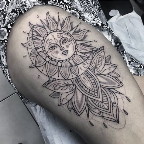 Awesome Thigh Tattoos For Women, Sun And Moon Tattoo Half Sleeve, Sun And Moon Leg Tattoos Women, Sun And Moon Sleeve Tattoo, Sun And Moon Leg Tattoo, Sun And Moon Tattoo On Thigh, Sun And Moon Hip Tattoo, Sun And Moon Thigh Tattoo, Mandela Tattoo Thigh