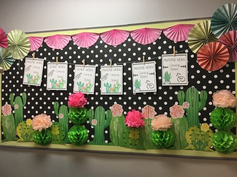 Class Board Border Ideas, Cactus Bulletin Board Ideas, Desert Classroom Theme, Classroom Art Display, Classroom Behavior Chart, Plants Classroom, Cactus Classroom, Art Display Wall, Library Themes