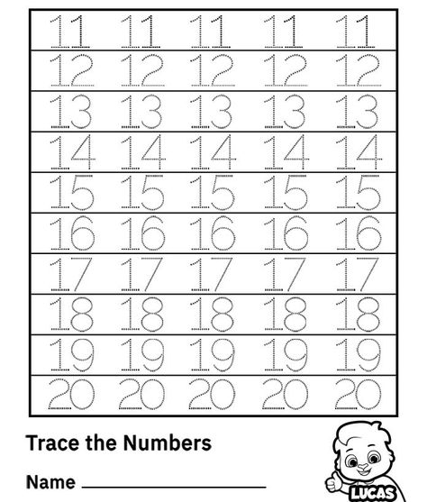 Free Printable Worksheets for Kids - Trace Numbers 11-20 Worksheets Teaching Teen Numbers, Trace The Numbers, Prek Homeschool, Kids Learning Numbers, Trace Numbers, Free Printable Alphabet Worksheets, Number Worksheets Kindergarten, Preschool Number Worksheets, Kindergarten Math Worksheets Free