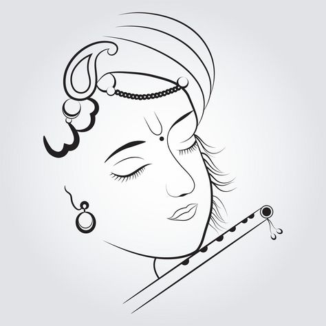 Line Art Radha Krishna, Krishna Line Art Tattoo, Shri Krishna Drawing Sketch, Kanha Ji Drawing Easy, Krishna Face Images, Krishna Ji Drawing Easy, Krishna Vector Art, Krishna Images Drawing, Krishna Simple Drawing