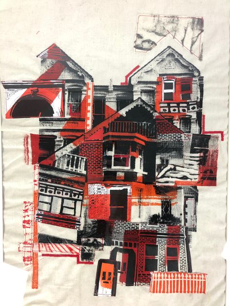 This piece is a large collage, the base is a screen print of a collaged composition of houses focussing on residential middle class housing, I then worked on top of it by collaging different lino prints and screen prints, also of similar architecture. The collage was attached together using only sewing Lino Print Collage, House Collage Art, Lino Print Buildings, Architecture Collage Abstract, Mixed Media Architecture, Architecture Printmaking, Building Collage, Architecture Composition, House Collage