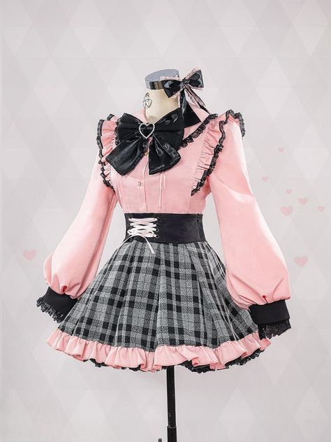 This price includes a shirt, a skirt, a bow tie, a pair of stockings, a pair of bowknot hairclips, a pair of ear clips and rings.  Step into the world of kawaii fashion with this adorable Hoshino Ai Jirai Kei cosplay outfit! This charming pink shirt and gray skirt ensemble captures the essence of Lolita-style clothing, perfect for cosplay events, tea parties, or simply adding a touch of whimsy to your everyday look. Embrace your inner Lolita with this delightful costume set inspired by OSHI NO KO's distinctive aesthetic.  Shirt   	 		 			Size 			S 			M 			L 			XL 		 		 			Full Length 			54 			55.5 			57 			58.5 		 		 			Bust 			84 			88 			92 			96 		 		 			Sleeve Length 			61 			62 			63 			64 		 		 			Shoulders 			34 			36 			38 			40 		 	     Skirt   	 		 			Size 			S 			M 			L 			XL Cult Party Kei Fashion, Pink Star Outfit, Cute Core Clothing, Pink Futuristic Outfit, Jirai Kei Sweater, Jirai Kei Skirt, Clown Fashion Aesthetic, Menhara Fashion, Visual Kei Fashion Outfits