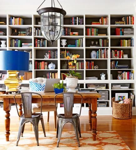 Table Desk Ideas, Dining Room Office Combo, Library Table Desk, Dining Room Library, Home Office Library, Library Table, Magazine Article, Room Library, Home Libraries