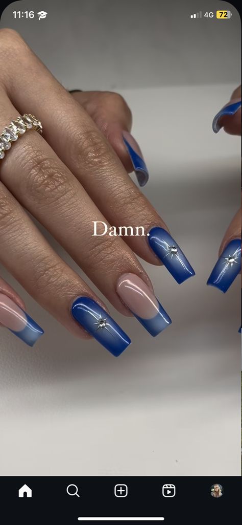 Blue Ombre Nails French Tip, Dark Blue Nail Inspiration, Electric Blue Nails With Design, Powder Blue Square Nails, Midnight Acrylic Nails, Different Shade French Tip Nails, Simple Cute Blue Nails, Ombre Nail Designs Blue, Navy Blue Nails Homecoming