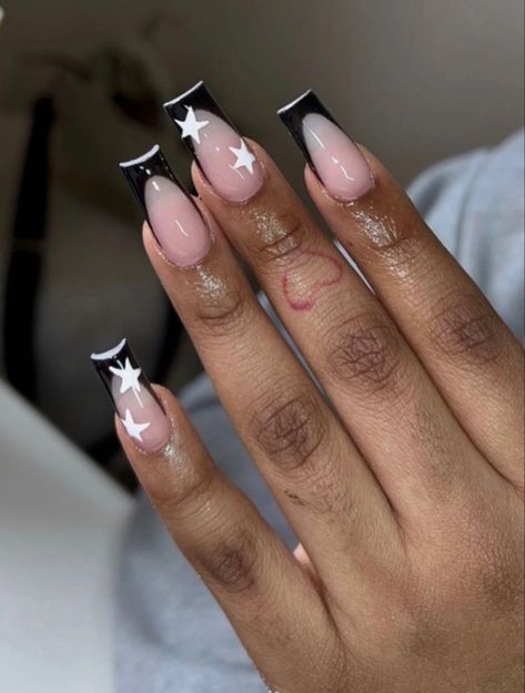 Black French Tip Nails, Stars Nails, Black French Tip, Black French Tips, White French Tip, Black French, Tip Nails, Star Nails, French Tips