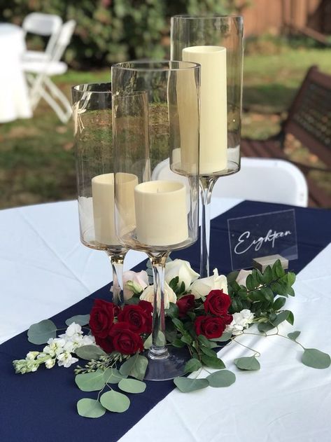 Navy Wedding Centerpieces, Navy Centerpieces, Navy Wedding Decorations, Red Silver Wedding, Navy Wedding Theme, Burgundy Wedding Centerpieces, Burgundy Wedding Theme, Navy And Burgundy Wedding, Blue Wedding Receptions