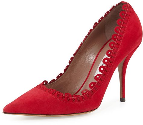 $625, Red Suede Pumps: Tabitha Simmons Sofia Scalloped Suede Pump Lipstick. Sold by Bergdorf Goodman. Click for more info: https://lookastic.com/women/shop_items/71669/redirect Fall Shoes Women, Shoes Black Women, Red Pumps Heels, Women Sneakers Fashion, Teaching Shoes, Shoes For Women Casual, Cute Casual Shoes, Shoe Outfits, Shoes Women Sneakers