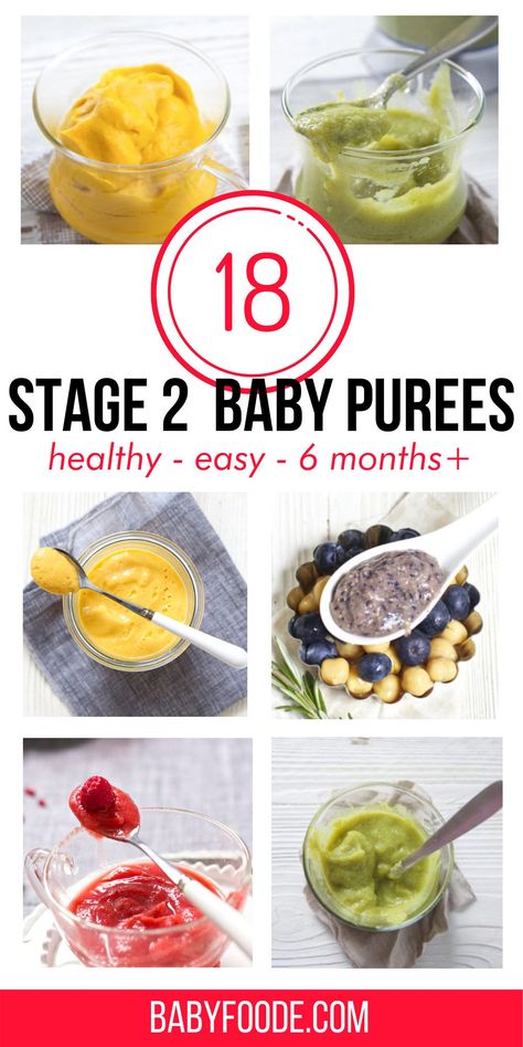 18 Amazing Stage 2 Baby Food Recipes that will rock your baby’s taste buds! These colorful homemade combination purees are full of flavor, nutrients and are a fun way for baby to experience the wonderful world of food, one which they will never forget. It’s going to be a foodie trip of a lifetime, so pack baby’s spoon and away we go! Great 6+ month baby food, or stage 2 baby food. Baby Puree Combinations, Homemade Baby Puree, Puree Combinations, Stage 2 Baby Food, Baby Purees, Diy Baby Food, Baby Recipes, Healthy Baby Food, Baby First Foods