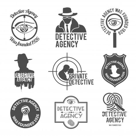 Detective logo set Free Vector Detective Party, Music Illustration, Private Detective, Bar Logo, Detective Agency, Information Graphics, Logo Set, Lettering Tutorial, Graphic Editing