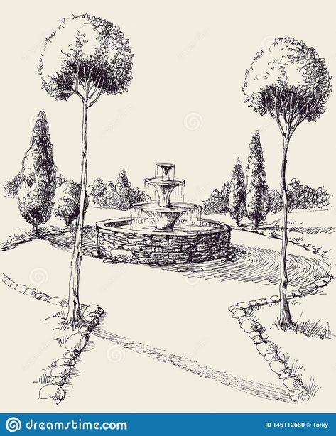 Garden Alley, Fountain Park, Square Drawing, Landscape Architecture Graphics, Park Square, Pop Art Drawing, Nature Art Drawings, Scene Drawing, Art Sketches Doodles